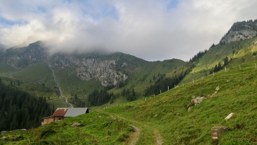 Blick vom Start der Tour ab Eggen: Der Widderfeld Stock in Wolken gehüllt